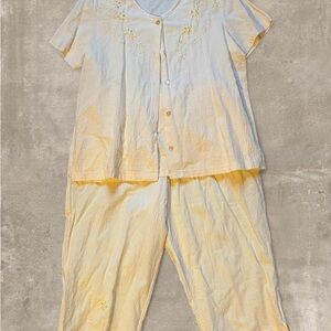 Vintage Ladies Club Yellow 2 Piece Set Floral Embroidered Top Pants